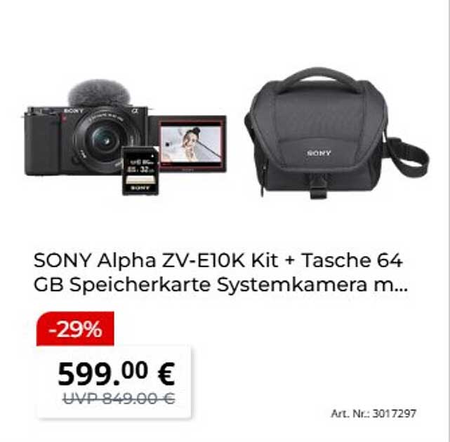 SONY Alpha ZV-E10K Kit + Tasche 64 GB Speicherkarte Systemkamera m...
