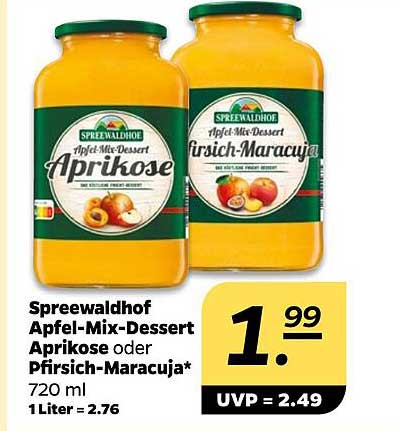 Spreewaldhof Apfel-Mix-Dessert Aprikose oder Pfirsich-Maracuja* 720 ml 1 Liter = 2.76