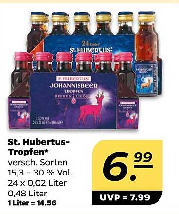 St. Hubertus-Tropfen* versch. Sorten 15,3 - 30 % Vol. 24 x 0,02 Liter 0,48 Liter 1Liter = 14.56