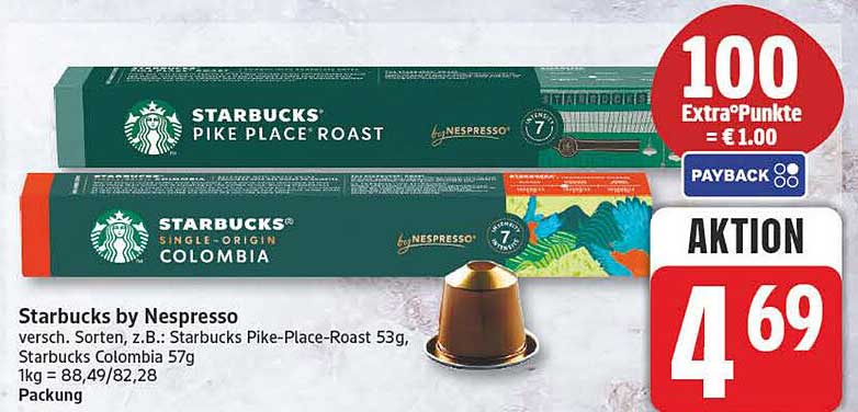 Starbucks by Nespresso versch. Sorten, z.B.: Starbucks Pike-Place-Roast 53g, Starbucks Colombia 57g 1kg = 88,49/82,28 Packung