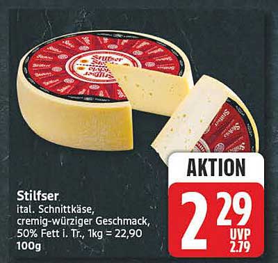 Stilfser, ital. Schnittkäse, cremig-würziger Geschmack, 50% Fett i. Tr., 1kg = 22,90 100g