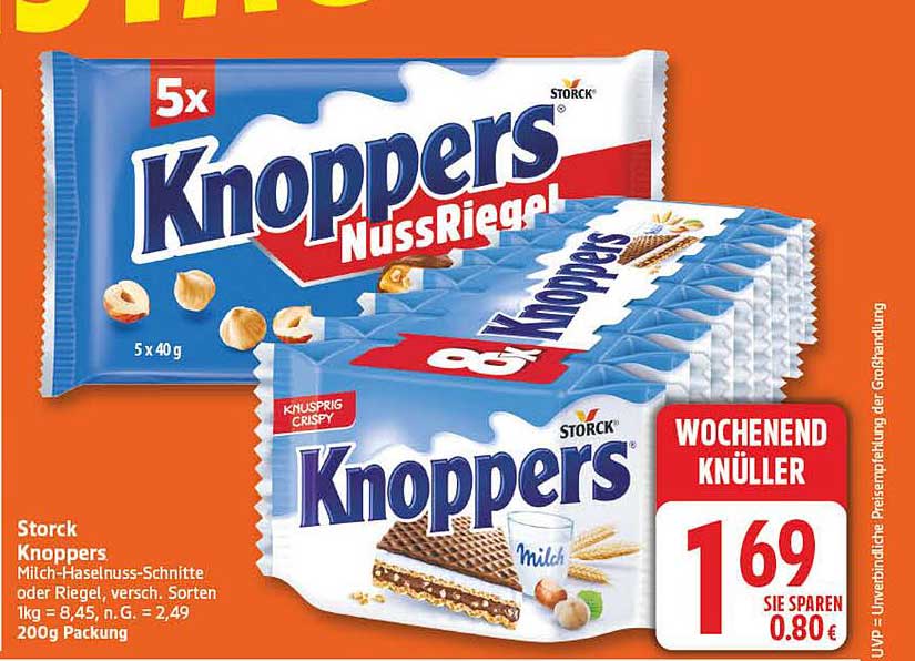 Storck Knoppers Milch-Haselnuss-Schnitte oder Riegel, versch. Sorten 200g Packung