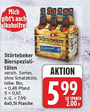 Störtebeker Bierspezialitäten verschied. Sorten, ohne Schatzkiste teilw. Bio, + 0,48 Pfand l = 0,67, n.G. = 7,99 6x0,5l Flasche
