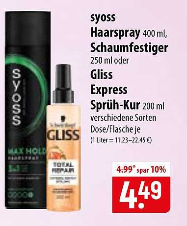 syoss Haarspray 400 ml, Schaumfestiger 250 ml oder Gliss Express Sprüh-Kur 200 ml verschiedene Sorten Dose/Flasche je