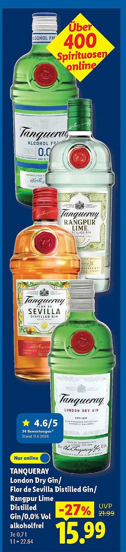 TANQUERAY London Dry Gin/ Flor de Sevilla Distilled Gin/ Rangpur Lime Distilled Gin/0,0% Vol alkoholfrei