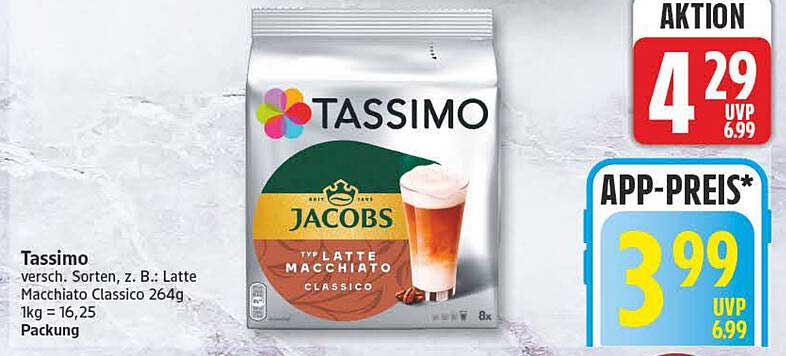 Tassimo versch. Sorten, z. B.: Latte Macchiato Classico 264g, 1kg = 16,25, Packung