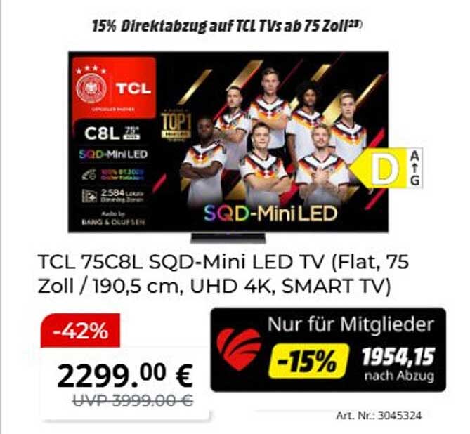 TCL 75C8L SQD-Mini LED TV (Flat, 75 Zoll / 190,5 cm, UHD 4K, SMART TV)