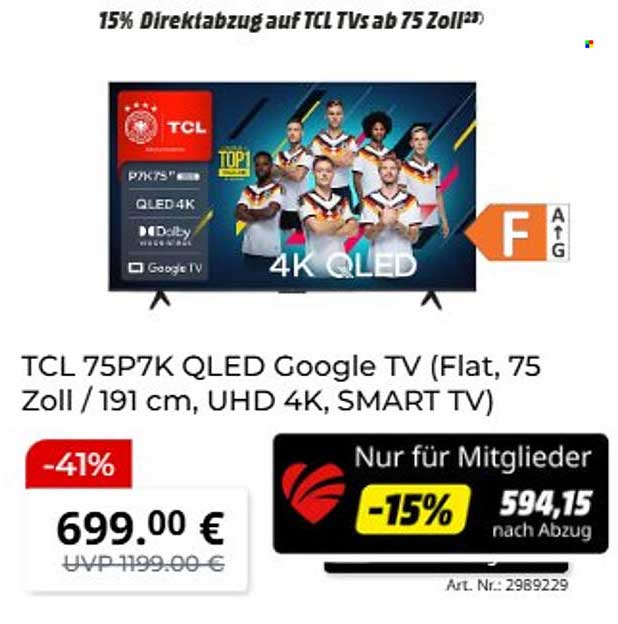 TCL 75P7K QLED Google TV (Flat, 75 Zoll / 191 cm, UHD 4K, SMART TV)