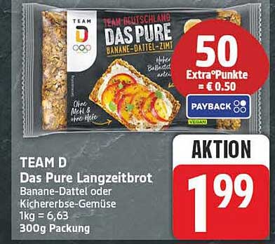 TEAM D Das Pure Langezeitbrot Banane-Dattel oder Kichererbsen-Gemüse 300g Packung