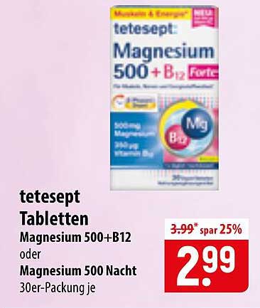tetesept Tabletten Magnesium 500+B12 oder Magnesium 500 Nacht 30er-Packung je