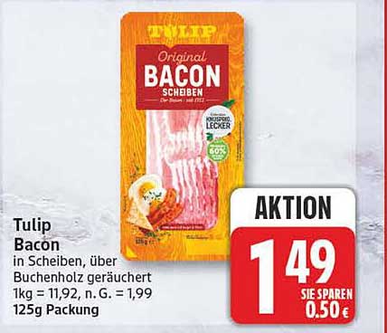 Tulip Bacon in Scheiben, über Buchenholz geräuchert 1kg = 11,92 n. G. = 1,99 125g Packung