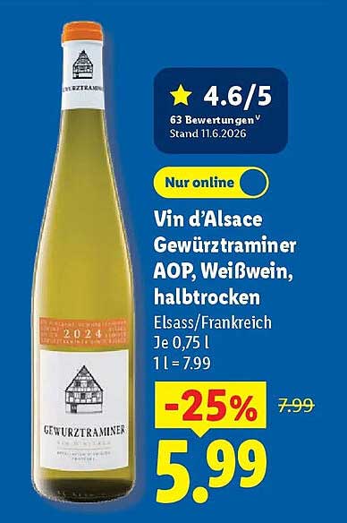 Vin d’Alsace Gewürztraminer AOP, Weißwein, halbtrocken