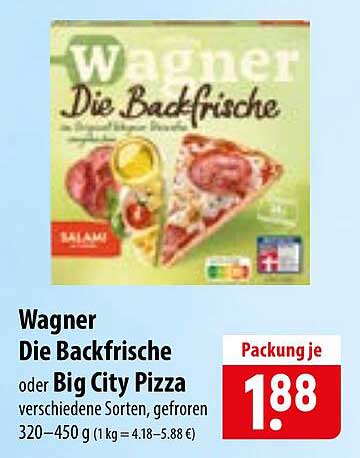 Wagner Die Backfrische oder Big City Pizza verschiedene Sorten, gefroren 320–450 g (1 kg = 4.18–5.88 €)
