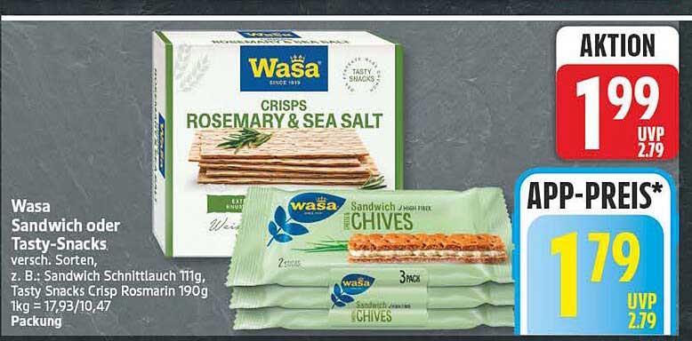 Wasa Sandwich oder Tasty-Snacks versch. Sorten, z. B.: Sandwich Schnittlauch 111g, Tasty Snacks Crisp Rosmarin 190g 1kg = 17,93/10,47 Packung