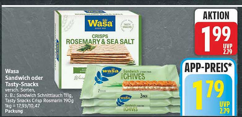 Wasa Sandwich oder Tasty-Snacks versch. Sorten, z. B.: Sandwich Schnittlauch 111g, Tasty Snacks Crisp Rosmarin 190g