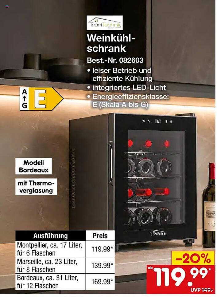 Weinkühlschrank Modell Bordeaux mit Thermoverglasung