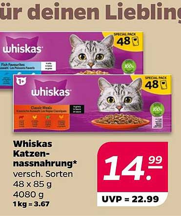 Whiskas Katzen-nassnahrung* versch. Sorten 48 x 85 g 4080 g 1 kg = 3.67