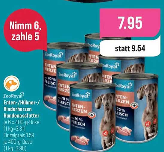 ZooRoyal Enten-/Hühner-/Rinderherzen Hundenassfutter