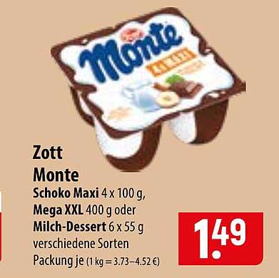 Zott Monte Schoko Maxi 4 x 100 g, Mega XXL 400 g oder Milch-Dessert 6 x 55 g verschiedene Sorten