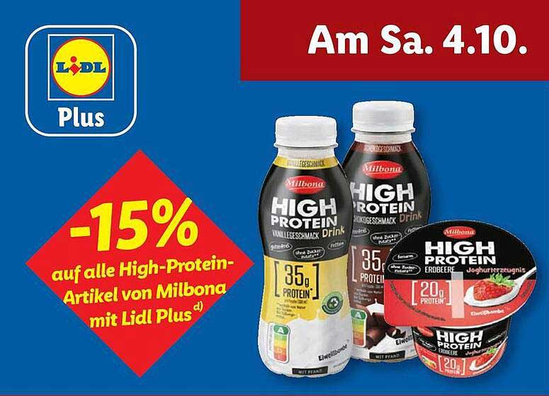 -15% auf alle High-Protein-Artikel von Milbona mit Lidl Plus