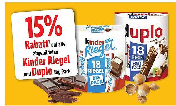 15% Rabatt auf alle abgebildeten Kinder Riegel und Duplo Big Pack