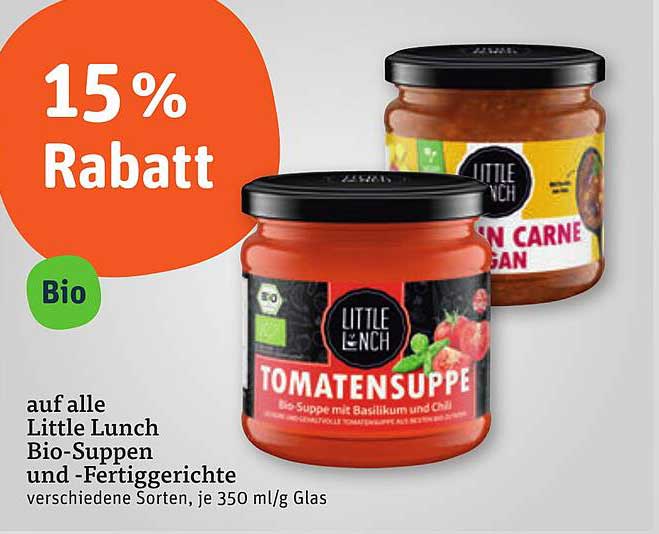 15 % Rabatt auf alle Little Lunch Bio-Suppen und -Fertiggerichte