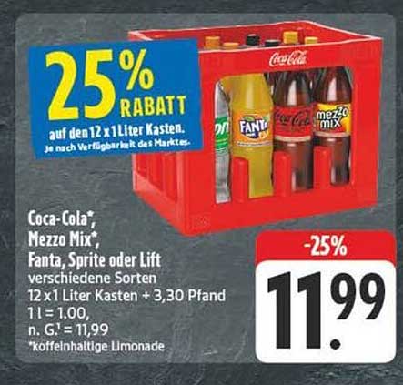 25 % Rabatt auf 12 x 1 Liter Kasten Coca-Cola, Mezzo Mix, Fanta, Sprite oder Lift