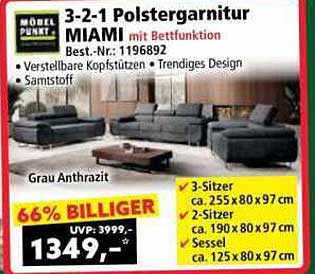 3-2-1 Polstergarnitur MIAMI mit Bettfunktion