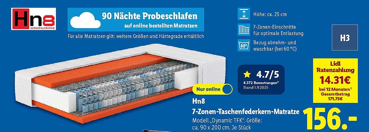 7-Zonen-Taschenfederkern-Matratze "Dynamic TFK" – Größe: 90 x 200 cm