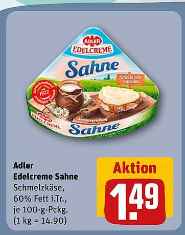 Adler Edelcreme Sahne - Schmelzkäse, 60% Fett i.Tr., je 100-g-Pckg.