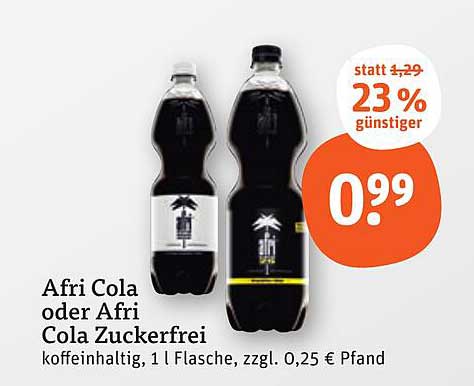 Afri Cola oder Afri Cola Zuckerfrei, 1 l Flasche