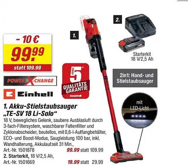 Akku-Stielstaubsauger „TE-SV 18 Li-Solo“ von Einhell