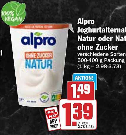 Alpro Joghurtalternative Natur oder Natur ohne Zucker 500-400 g