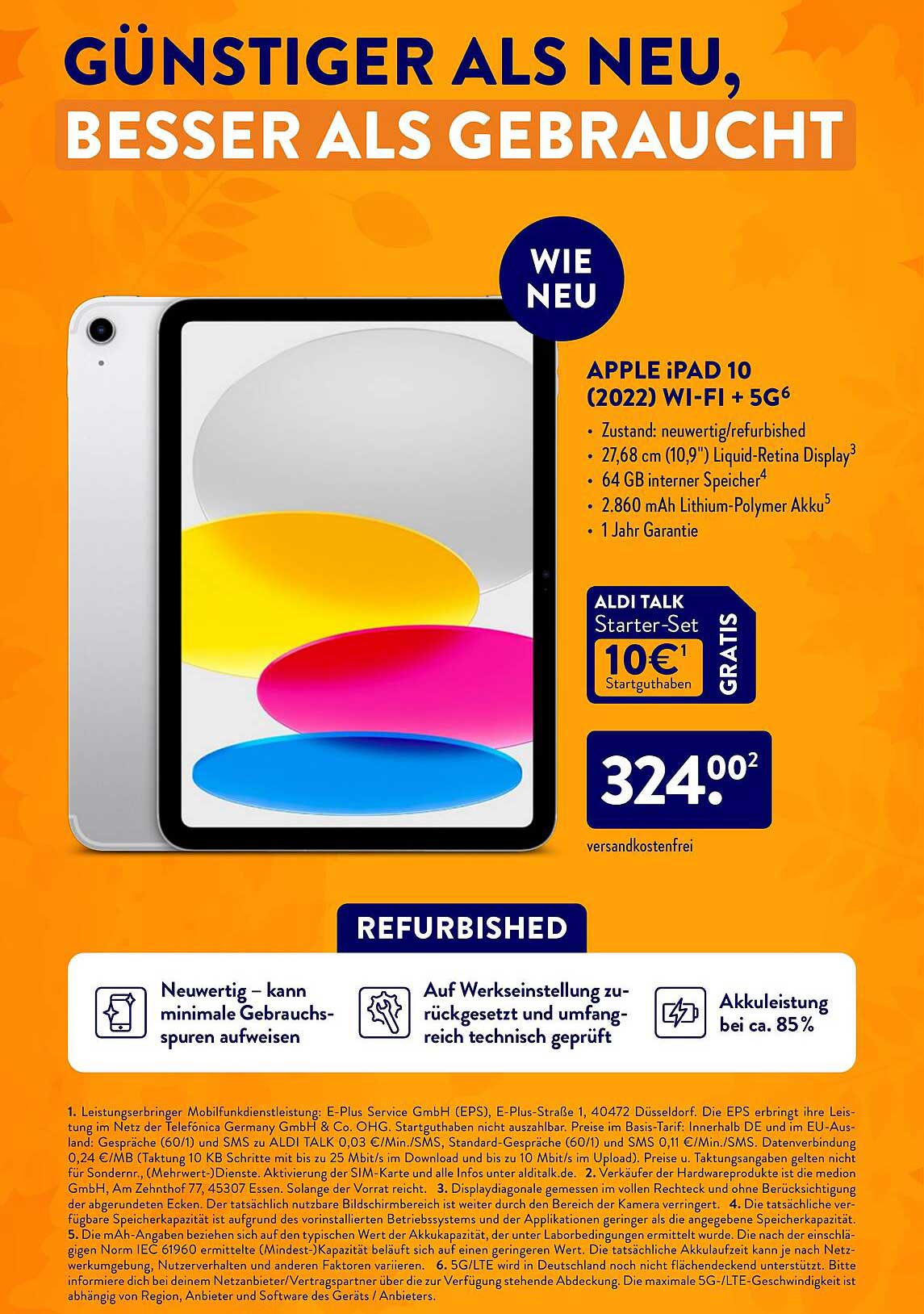 Apple iPAD 10 (2022) Wi-Fi + 5G - Refurbished zum Top-Preis!