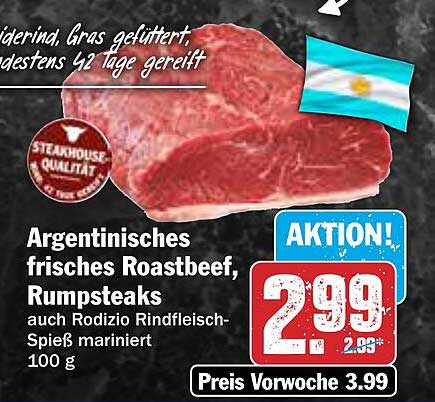 Argentinisches frisches Roastbeef, Rumpsteaks, auch Rodizio Rindfleisch-Spieß mariniert 100 g