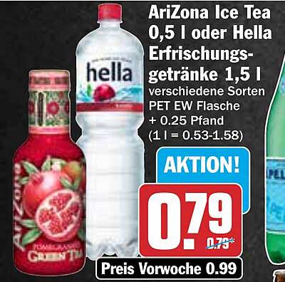 AriZona Ice Tea 0,5 l oder Hella Erfrischungsgetränke 1,5 l