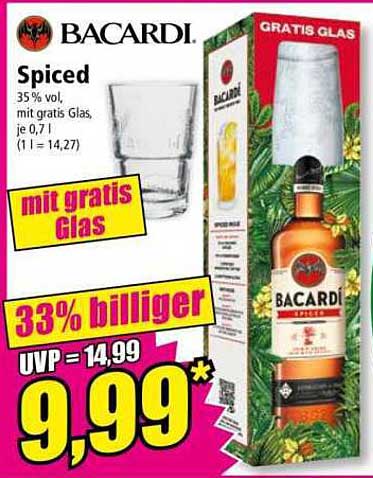 Bacardi Spiced mit gratis Glas - 33% billiger!