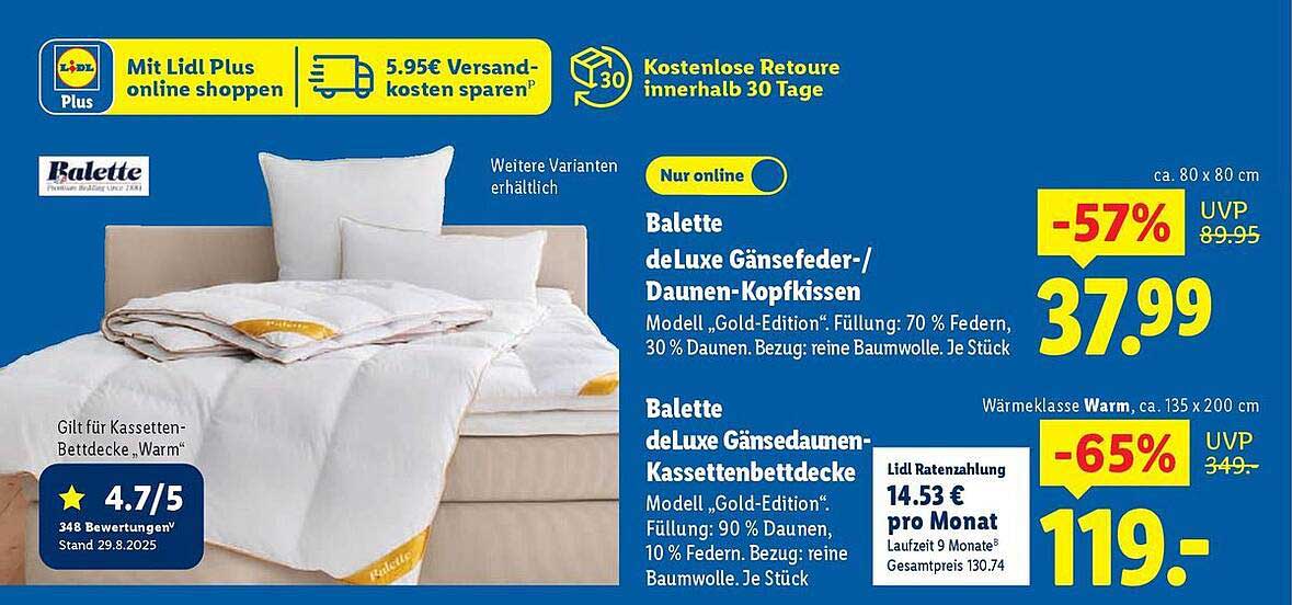 Balette deLuxe Gänsefeder-/Daunen-Kopfkissen und Gänse-daunen-Kassettenbettdecke