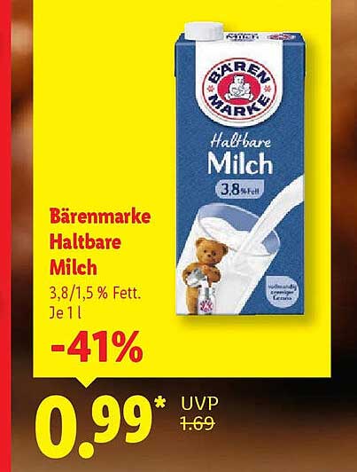 Bärenmarke Haltbare Milch 3,8/1,5 % Fett Je 1 l