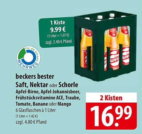 beckers bester Saft, Nektar oder Schorle - 2 Kisten für 16,99 €