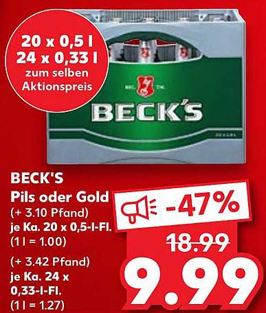 BECK'S Pils oder Gold - 20 x 0,5 l oder 24 x 0,33 l zum Aktionspreis