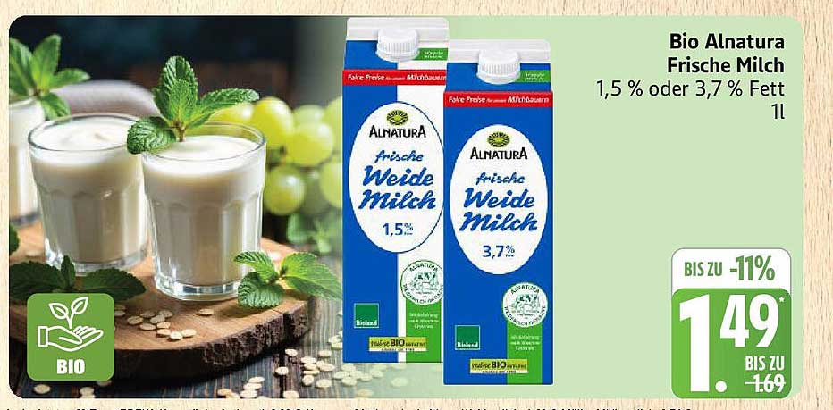 Bio Alnatura Frische Milch 1,5 % oder 3,7 % Fett 1 l