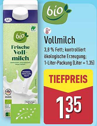bio Frische Vollmilch 3,8 % Fett - 1-Liter-Packung