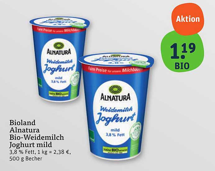 Bioland Alnatura Bio-Weidemilch Joghurt mild 500 g Becher