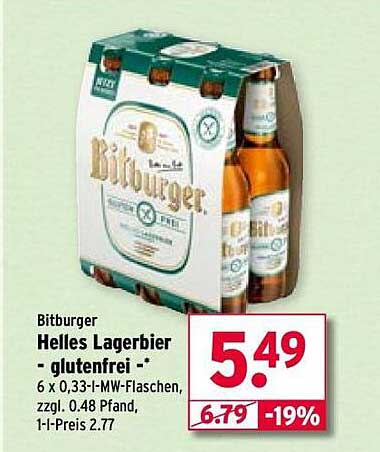 Bitburger Helles Lagerbier - glutenfrei - 6 x 0,33-l-MW-Flaschen