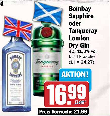 Bombay Sapphire oder Tanqueray London Dry Gin 0,7 l Flasche