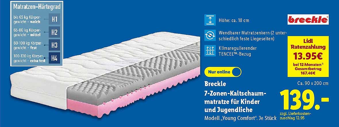 Breckle 7-Zonen-Kaltschaummatratze für Kinder und Jugendliche Modell „Young Comfort“ - 90 x 200 cm