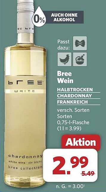 Bree Wein Halbtrocken Chardonnay 0,75 l-Flasche