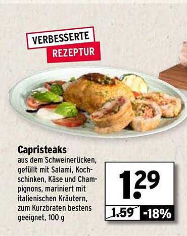 Caprist steaks aus dem Schweinerücken, gefüllt mit Salami, Kochschinken, Käse und Champignons