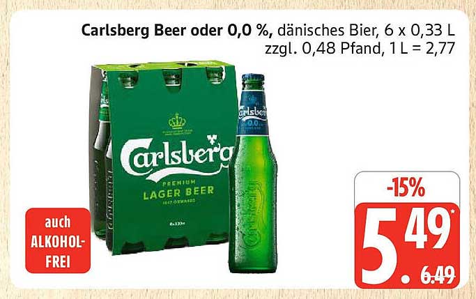 Carlsberg Beer oder 0,0 %, dänisches Bier, 6 x 0,33 L zzgl. 0,48 € Pfand
